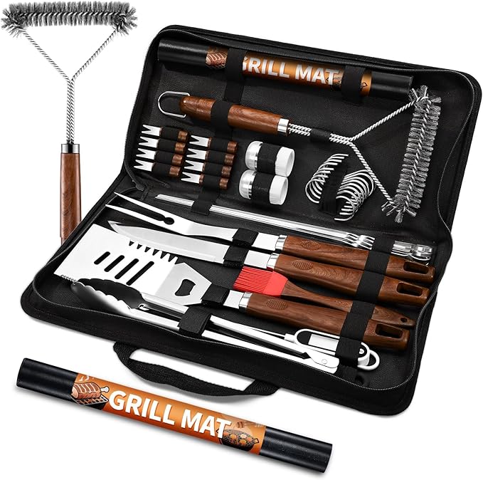 PURPLEBIRD 31PCS Grill Set for Outdoor Grill - Grilling Gift for Men & Dad, Heavy Duty Stainless BBQ Tools Kit for Camping, Grilling Utensils Set with Cleaner Brush, Thermometer, Storage Bag, BBQ Mat