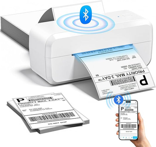 Bluetooth Thermal Label Printer, Shipping Label Printer for 4x6 Shipping Packages & Small Business, Compatible with IOS, Android, Windows and Mac, Widely Used for Ebay, Amazon, Shopify, USPS (White)