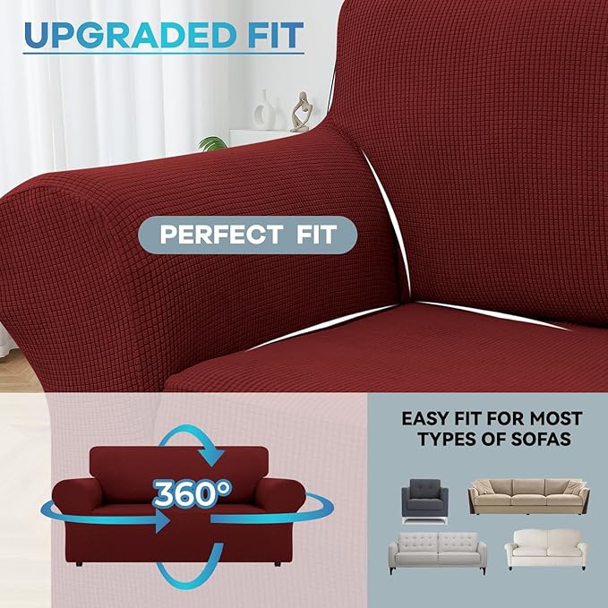LURKA Stretch Loveseat Sofa Slipcovers 1 Piece Couch Covers for Sofa Furniture Protector Full Sofa Covers with Elastic Bottom for Kids and Dog (Medium,Dark Red)