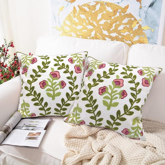 Alysheer Floral Embroidered Summer Decorative Throw Pillow Covers 18"x 18" Set of 2, Farmhouse Cottage Pink Flowers Green Leaves Knit Pattern Cotton Canvas Cushion Case for Sofa Couch Bed Living Room