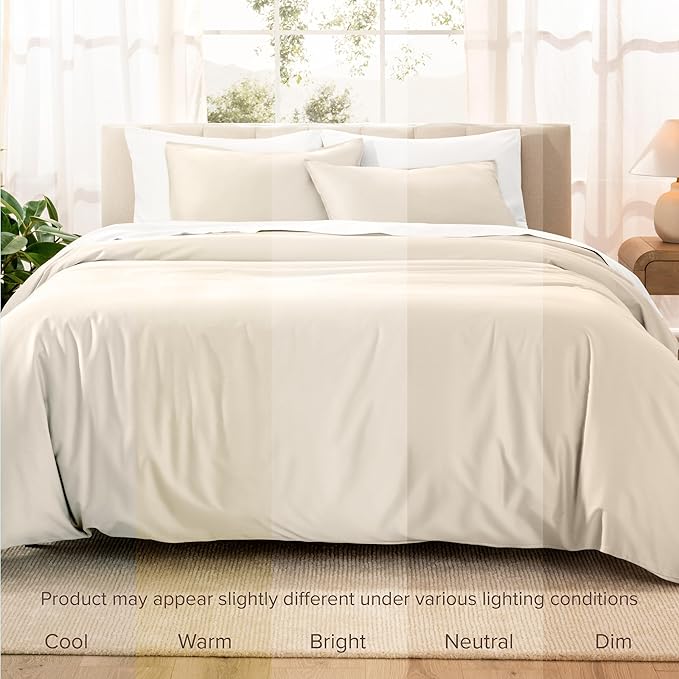 Bare Home 100% Organic Cotton Sateen Duvet Cover Set - Full/Queen Size - 400 Thread Count - Smooth Sateen Weave - Warm & Luxurious - Duvet Cover (Full/Queen, French Beige)