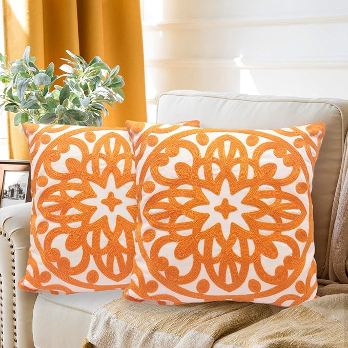 Alysheer Embroidered Decorative Throw Pillow Covers 18"x18" Set of 2 Pieces, Classic Boho Mandala Knit Pattern, 100% Cotton Canvas Cozy Vibrant Cushion Cases for Sofa Couch Living Room (Bright Orange)