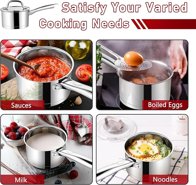 P&P CHEF 1 Quart & 2 Qruat Saucepan with Lid Set, Stainless Steel Small Cooking Pot Induction Sauce Pan for Pasta Soup, Ergonomic Handle & Tri-ply Base, Dishwasher Safe, 2 Pan