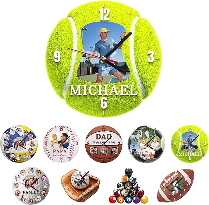 Custom Wall Clock, Personalized Clocks with Picture, Customized Silent Sports Ball Clock for Living Room Kids Bedroom, Creative Birthday Tennis Style
