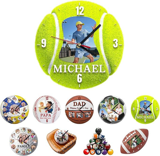 Custom Wall Clock, Personalized Clocks with Picture, Customized Silent Sports Ball Clock for Living Room Kids Bedroom, Birthday Tennis Style