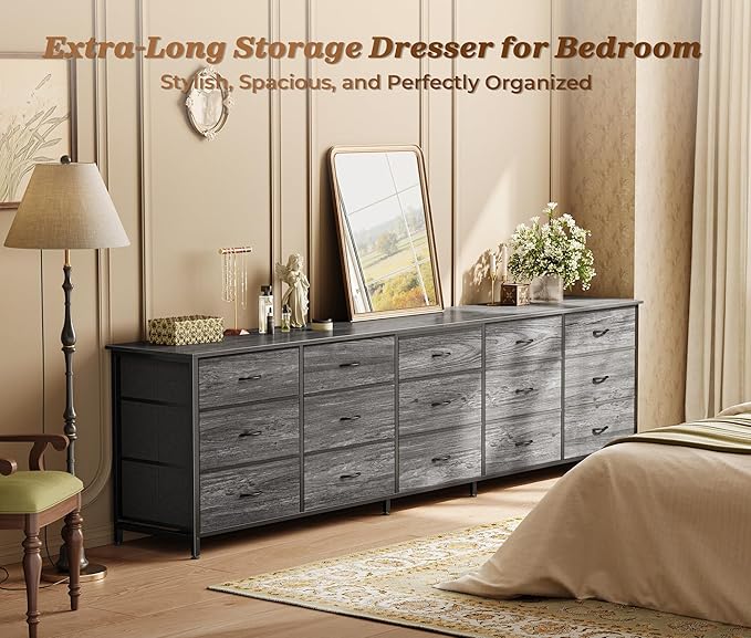 Huuger 78.7 inch Long Dresser for Bedroom, 15 Drawer Fabric Dresser for Closet, Large TV Stand for 65, 75, 85 inch TV, Wide Chest of Drawer with Storage, 78.7" W x 12.9" D x 26.7" H, Grey