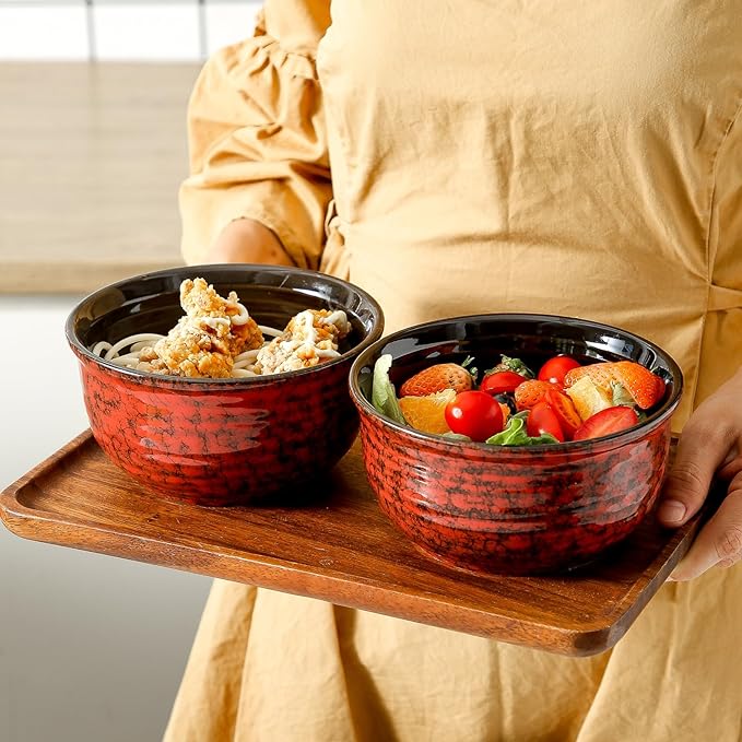 Hasense 20 Ounces Cereal Bowls, Ceramic Soup Bowls Set of 6, Snack Bowls for Kitchen, Salad, Pasta, Rice, Oatmeal, Microwave & Dishwasher Safe, Red