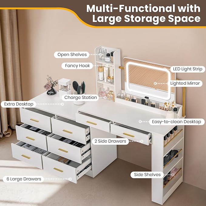 Pamapic 8 Drawers Vanity Desk with Mirror and Lights,Makeup Vanity with Power Outlet, 15 Storage Dresser with Mirror, Adjustable Width, Golden Handles Dressing Table, White