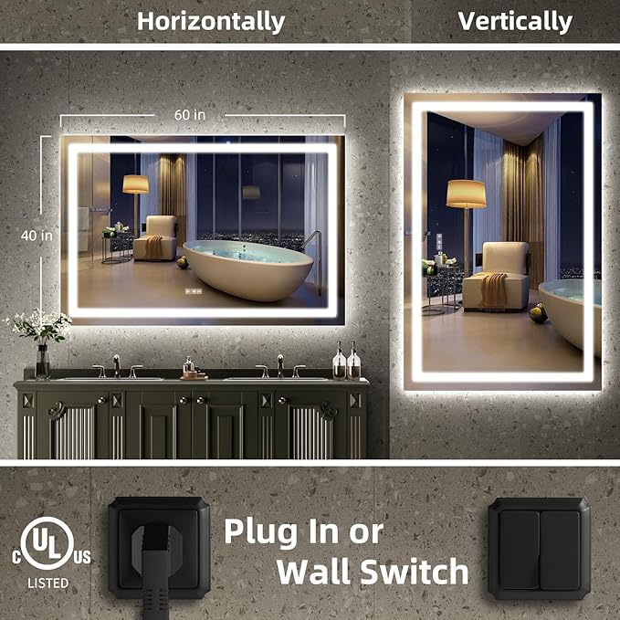 LED Mirror for Bathroom, 60x40 Inch Backlit + Front Lighted Bathroom Vanity Mirror with Lights for Wall, Double Light Strips, 3 Colors, Shatter-Proof, Anti-Fog and Brightness Memory
