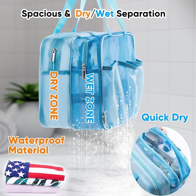 Large Mesh Shower Caddy with Wet & Dry Zones – Portable Hanging Toiletry Bag for College Dorm Room Essentials, Travel, Gym, Camping, Beach Tote Bag – Quick-Dry Shower Tote Organizer
