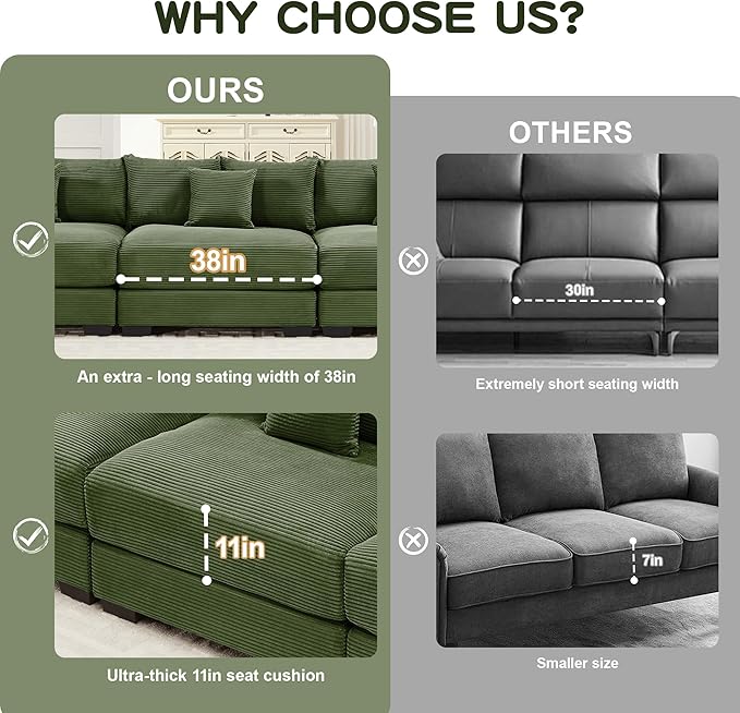 KEIKI 83" Oversized Corduroy Modular Sectional Loveseat Sofa with 2 Ottoman, High-Density Foam Cushion, Extra-Thick Armrest, Modern 2-Seater Fluffy Corner Couch with 6 Pillow, for Living Room, Green