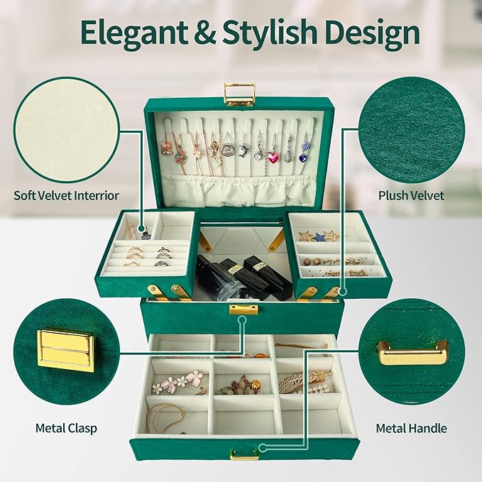 Dajasan Jewelry Box for Women, 3 Layers Large Velvet Jewelry Organizer, Jewelry Storage Organizer, Jewelry Case for Earring, Ring, Necklace, Bracelets (Green)