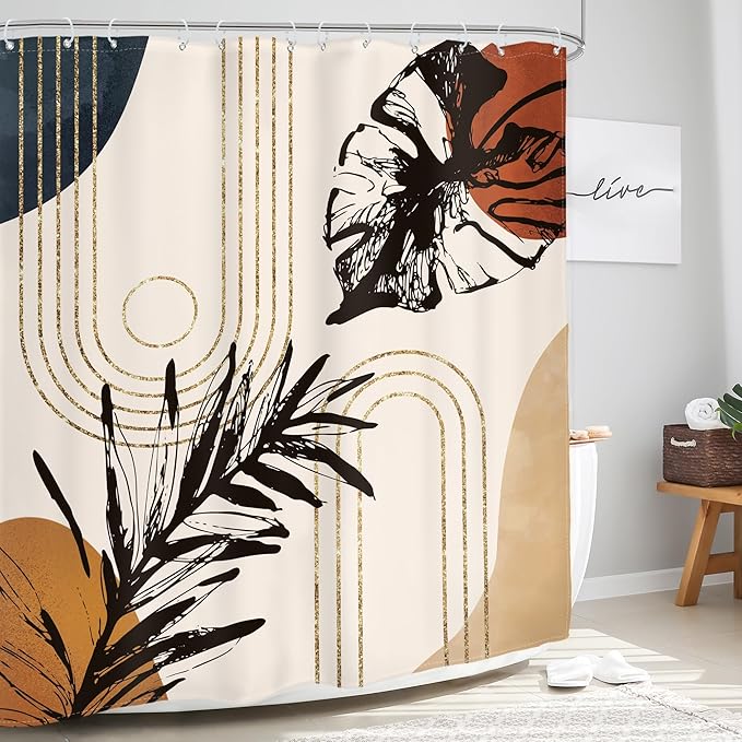 Glawry Abstract Tropical Shower Curtain Boho Watercolor Red Brown Palm Leaf Plant Botanical Bathroom Minimalist Bohemian Leaves 60Wx72L Inches Bath Accessories Art Home Decor Fabric with Hooks