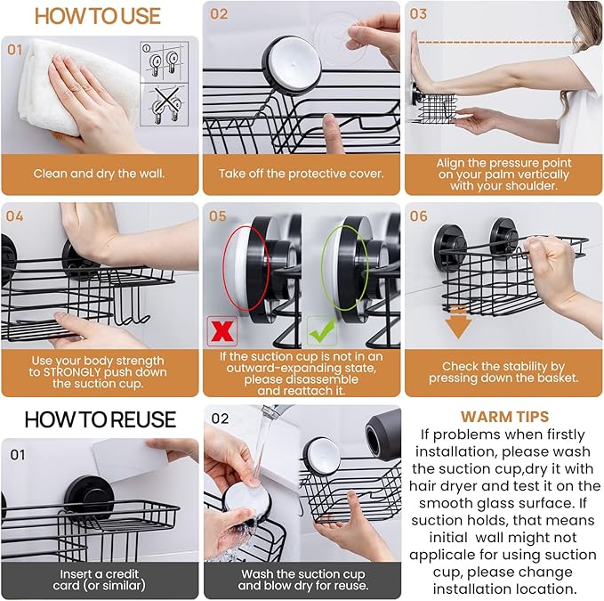 LEVERLOC Shower Caddy Suction Cup, 2 Pack suction shower shelf with Hooks & Soap holder, NO-Drilling Bathroom Holder, Rustproof bathroom organizer, Black