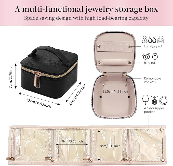 PU Leather Travel Jewelry Organizer Case with 4 Pouches & Handle, Anti-Tangle Storage Box for Necklace, Earrings, Rings, Compact Jewelry Box for Women Gift (Black)