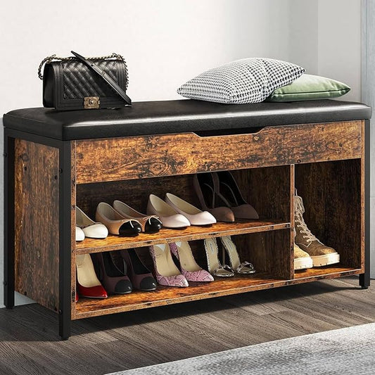 Shoe Bench, Lift Top Shoe Storage Bench, Adjustable Shelf Entryway Bench, Metal and Wood Shoe Rack Organizer with Cushion for Entry, Bedroom, Closet, Living Room, Hallway (Brown, 35.5“W)