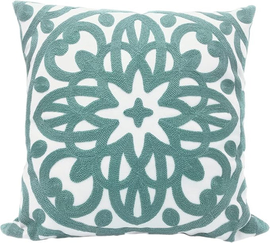 Alysheer Embroidered Decorative Throw Pillow Cover 20"x 20", Boho Mandala Modern Thick Embroidery Pattern, Durable Cotton Canvas Soft Cushion Case for Sofa Couch Bed Living Room (Dusty Aqua Blue)