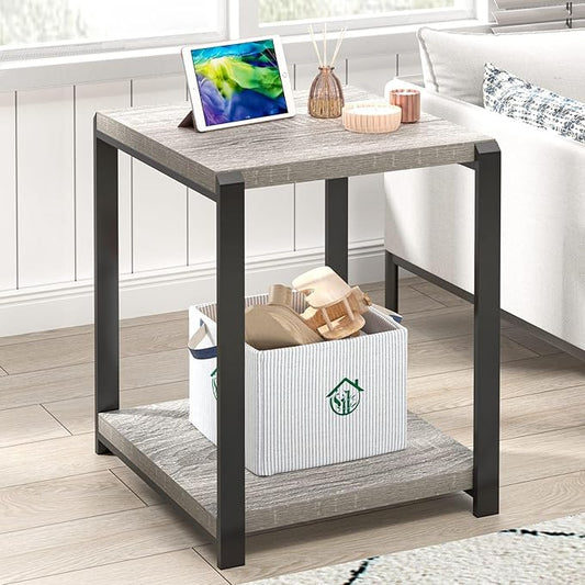FOLUBAN Modern Side Table, Square End Table with Storage for Living Room Office, Rustic Bedside Table for Bedroom, Small Spaces, Light Grey