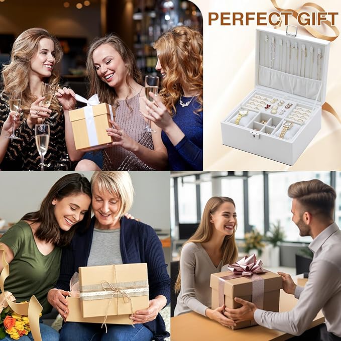 Jewelry Organizer Box for Girls Women,Large Genuine Leather Jewelry Organizers and Storage with Earring Holder Organizer Removable Velvet Jewelry Tray,Christmas Gifts Jewelry Box for Girls 8-12,White