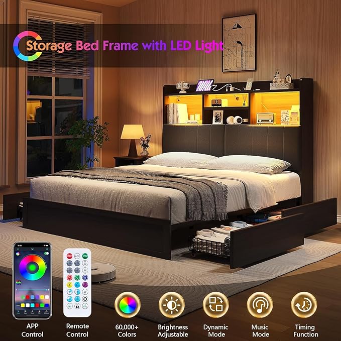 King Farmhouse Bed Frame with Bookcase Headboard and 4 Drawers, LED Storage Bed with Charging Station & Linen Upholstered, No Box Spring Needed,Black