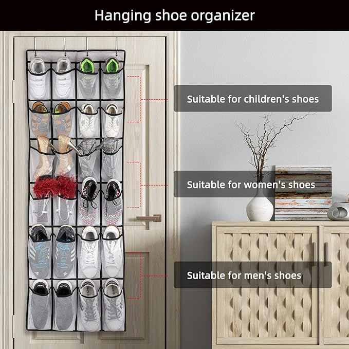 Over The Door Shoe Organizer, Hanging Shoe Organizer with 24 Mesh Large Pockets Door Shoe Rack Organizer for Men Women Kids Hanging Shoe Storage Bag.(White