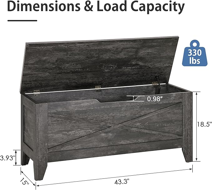 VECELO 43.3" Farmhouse Style Storage Bench, Entryway Shoe Ottoman, with Handwoven Cushion, with Metal Safety Hinges, for Bedroom, Living Room, Entryway, Grey