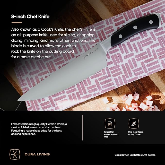 8-Inch Chef Knife – Ultra-Sharp German High Carbon Stainless Steel, Full Tang, Ergonomic Handle, Multipurpose Kitchen Knife for Chopping, Slicing, and Dicing, Black