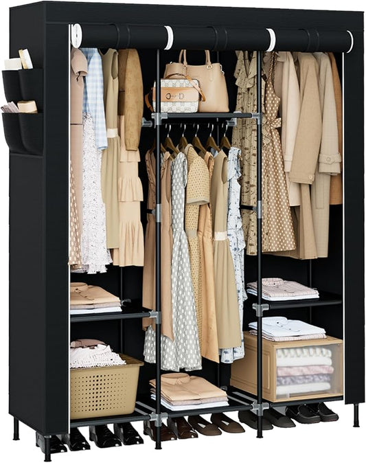 Portable Closet, 51.2 Inch Large Capacity Wardrobe Closet with Cover, Clothes Storage Organizer with Shelves and 3 Hanging Rods, Easy to Assembly, Black PCT203B01