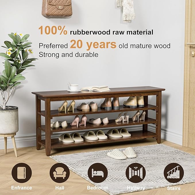 Wooden Storage Shoe Bench, Entryway Bench with 3-Tiers Height Adjustable, Shoe Rack Front Doors Entrances for Hallway Living Room,Mudrooms (Brown,47.2")