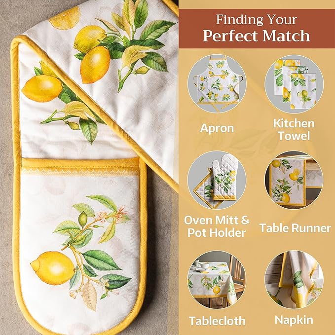 Maison d' Hermine Double Oven Mitts 100% Cotton 7"x35" Double Oven Mitt Heat Resistant BBQ Cooking Gloves with Loop, Baking, Grilling, Home, Kitchen, Handling Hot Pans Spring Summer (Limoncello)
