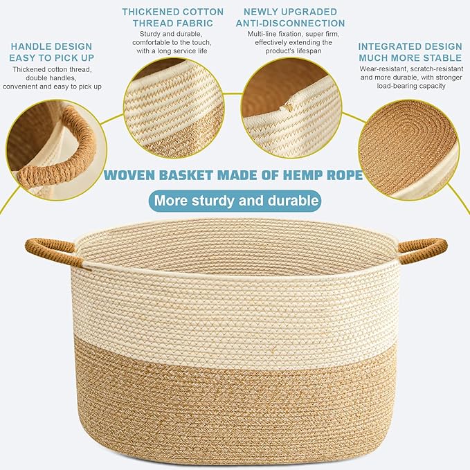 Large Woven Laundry Basket, Cotton Rope Storage Basket for Bedroom, Nursery & Bathroom – Toy Storage Organizer (Large(21.65" L x 12.6" W x 13.78" H))