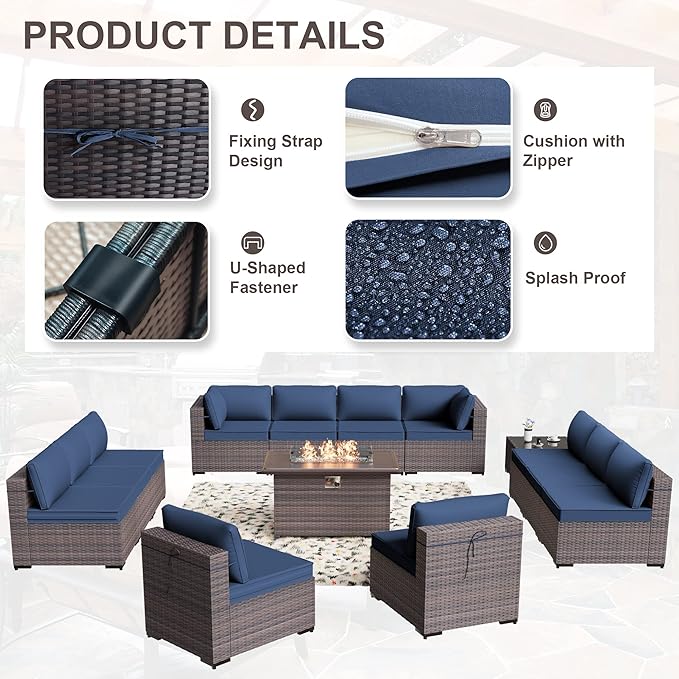 Kurapika 14 Pieces Patio Furniture Set, Rattan Wicker Outdoor Conversation Sets w/43in Propane Fire Pit Table and 4 Inch Cushion(Navy Blue)