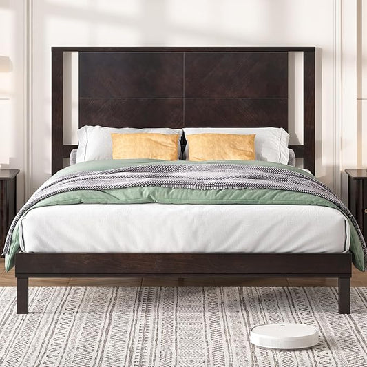 AMERLIFE Solid Wood Queen Size Bed Frame with Headboard, Rustic Style Platform Bed Frame with Under-Bed Storage, No Box Spring Needed, Noise Free, Easy Assembly, Dark Brown