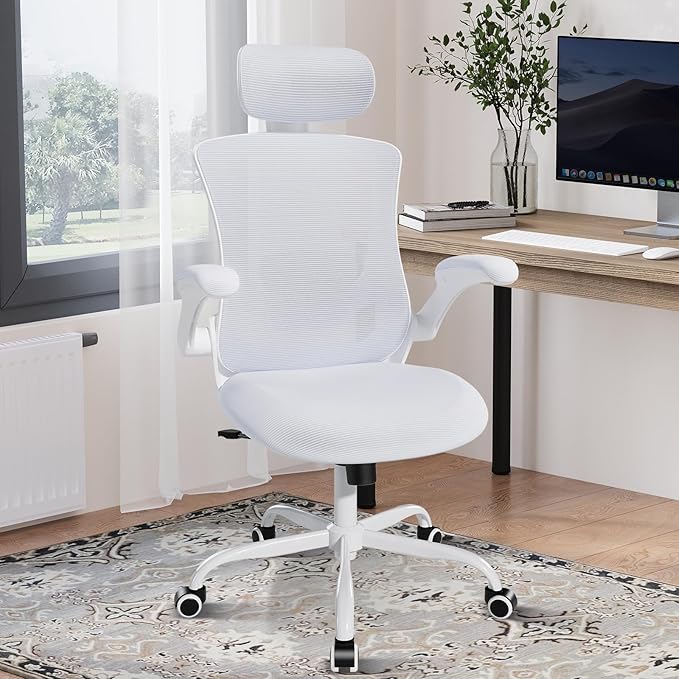 High Back Office Chair with Adjustable Lumbar Support & Headrest, Ergonomic Mesh Desk Chair with Flip-Up Armrests, Breathable & Comfortable Computer Chair for Home, Office & Study, White