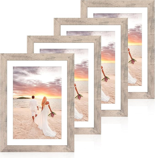 10x14 Picture Frame Set of 4 with Tempered Glass, Smoke Gray Frame Display 8x12 Picture with Mat or 10 x 14 Without Mat, Wood Rustic Photo Frames for Horizontal or Vertical Wall Mounting