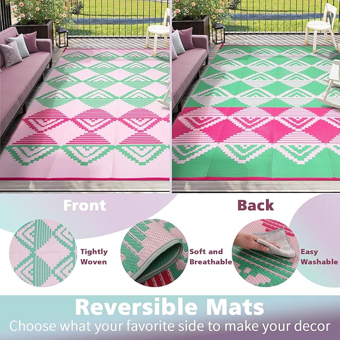 Beeiva Outdoor Rug Waterproof 6x9, Reversible Outdoor Plastic Straw Rug for Camping, Modern Geometric Large Patio Rugs for Porch, Deck, Backyard, Balcony, Picnic - Pink & Green