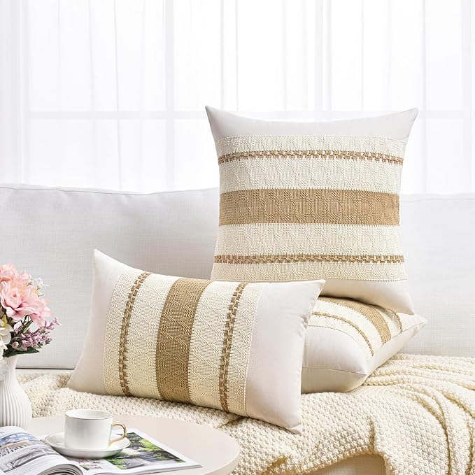 Fancy Homi Set of 2 Tan Neutral Decorative Throw Pillow Cover 20x20 Inch for Couch Bed Sofa, Aesthetic Modern Organic Farmhouse Boho Home Decor, Soft Cotton Cute Accent Macrame Woven Cushion Case