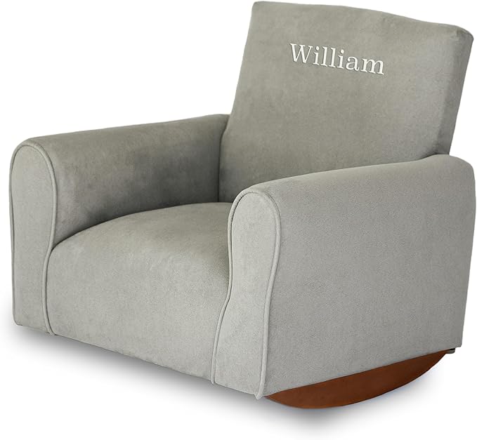 Toddler Personalized Armchair, Kids Upholstered Rocking Chair with Personalization, Toddler Chair with Personalized Name, Comfy Child Armchair, (Grey Suede, Rockers)