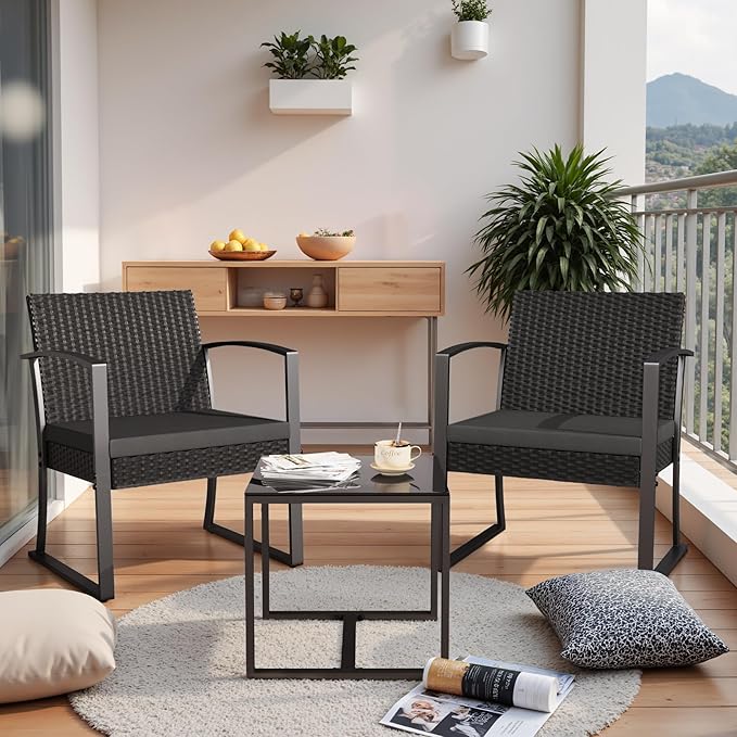 Homall Resin 3 Pieces Patio Furniture Set, Outdoor Bistro Set with Cushions and Glass Table, Conversation Set Rattan Chair for Porch, Balcony, Poolside, Garden (Black)