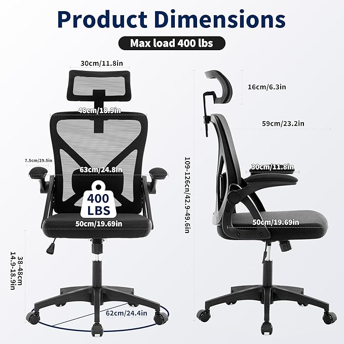 Office Chair,Ergonomic Desk Chair with Adjustable Lumbar Support,400 Lbs Mesh Computer Chair High Back with Adjustable Headrest for Home Office (Black)