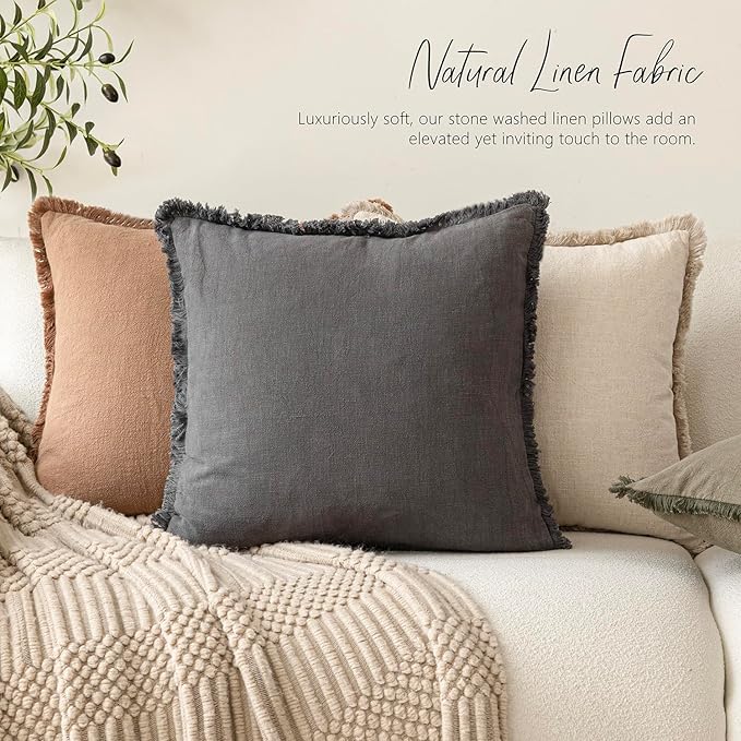 Foindtower Set of 2 Decorative Linen Fringe Throw Pillow Covers Cozy Farmhouse Boho Cushion Cover with Tassels Soft Accent Pillowcase for Couch Sofa Bed Living Room Home Decor 20×20 Inch Gray