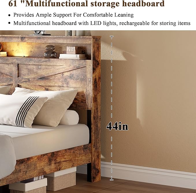 Farmhouse Queen Size Bed Frame with Headboard Storage Shelf, Wood Platform Bed Frame with LED Lights & Charging Station, Rustic Brown Metal Bed, No Box Spring Needed, Noise-Free Sturdy Structure