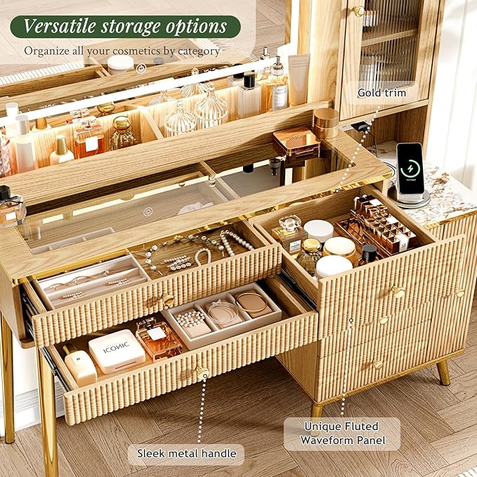 Vanity Desk with 35.12" HD Lighted Mirror, 46.85" Big Modern Vanity Desk with Mirror and Lights, Makeup Vanity with 7 Drawers and Storage Shelves and Charging Station, Oak