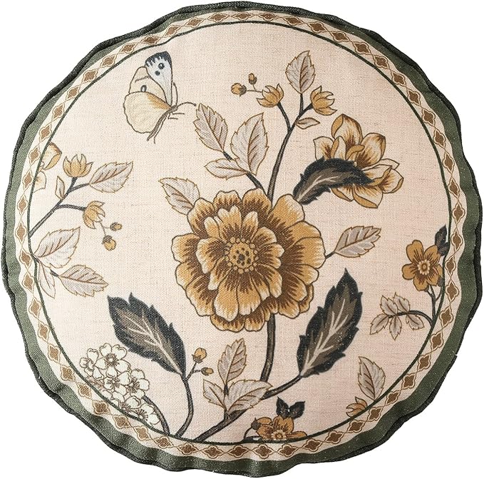 Design Linen Chinoiserie Round Throw Pillow Covers Diameter 16", Farmhouse Cushion Covers with Yellow Floral Birds Pattern Decoration Pillowcases for Bed,Living Room,Outdoor,Car