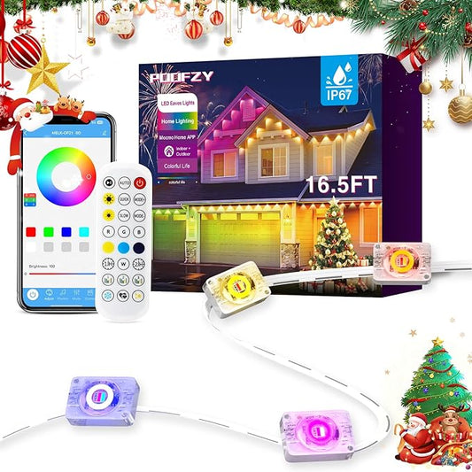 POOFZY Permanent Outdoor Lights for House,16.5ft RGB+IC Smart Outdoor Decor, 50 Scene Modes,App/Remote Control,IP67 Waterproof,for Christmas,Halloween,Daily & Holiday Party Decor,House Roof Lighting