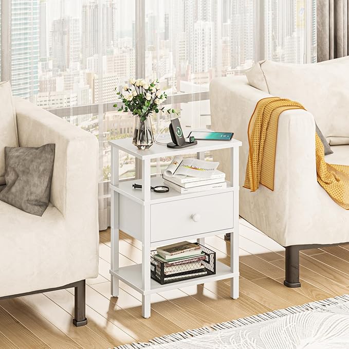 Lerliuo Nightstand with Charging Station and USB Ports, 3-Tier Storage End Table with Drawer Shelf, Night Stand for Small Spaces, Wood Bedside Table for Living Room, Bedroom - Elegant White