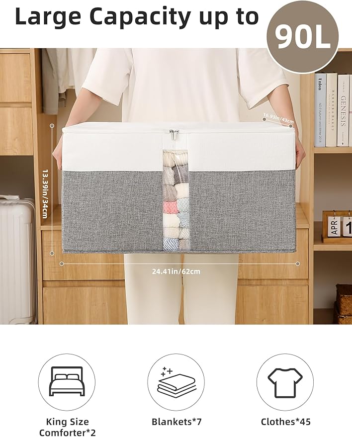 Reinforced LARGE Blanket Storage Baskets with Lids, 2 Packs Stackable Comforter Storage Bag with Clear Window & Handles, Clothes Organizer for Closet,King/Queen Comforters Quilt Duvet