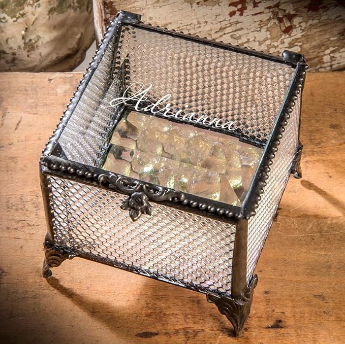 Personalized Clear Honeycomb Glass Box Decorative Vanity Display Case Storage Jewelry Organizer Keepsake Gift for Her Girl Women Vintage Decor J Devlin Ellen Box 825 EB245