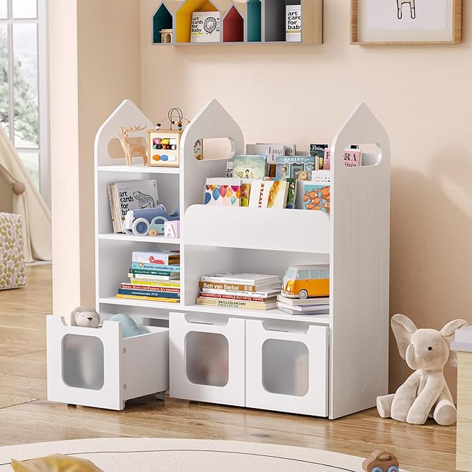 Toy Storage Organizer with 3 Movable Drawers and 3 Storage Cubby, 33.5" H Kids Bookshelf and Toy Storage，Book Shelf for Kids Room, Nursery, Playroom, Bedroom, White