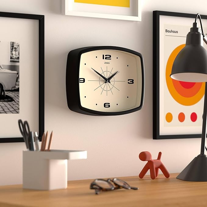 JONES CLOCKS® Movie Wall Clock | Rectangular Retro Clock | 10 inch | Black | Cool mid-Century Designer Look for Kitchen, Living Room or Office